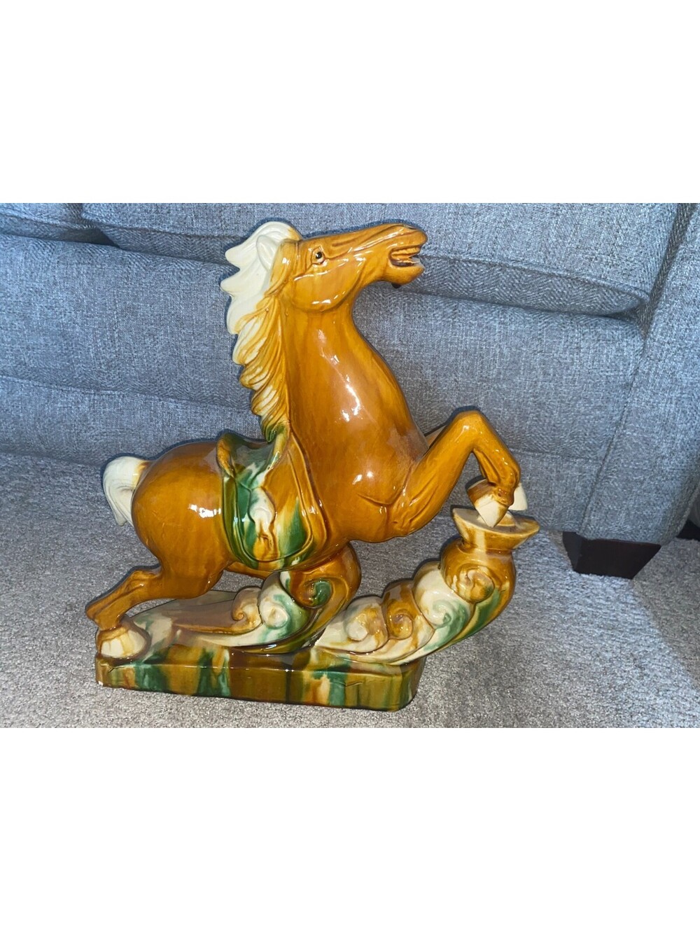 Vintage 1980s Chinese Pottery HORSE Tang Dynasty Style Sancai Glazed 16” x 15"